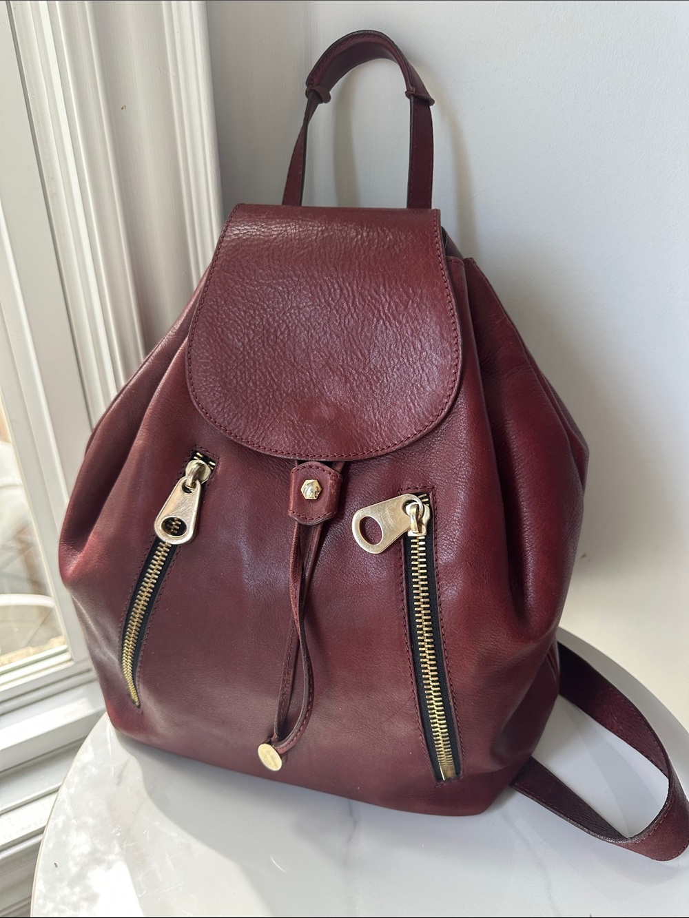 VINTAGE ITALIAN LEATHER Burgundy Red Backpack Purse Handbag Bag Gold Brass